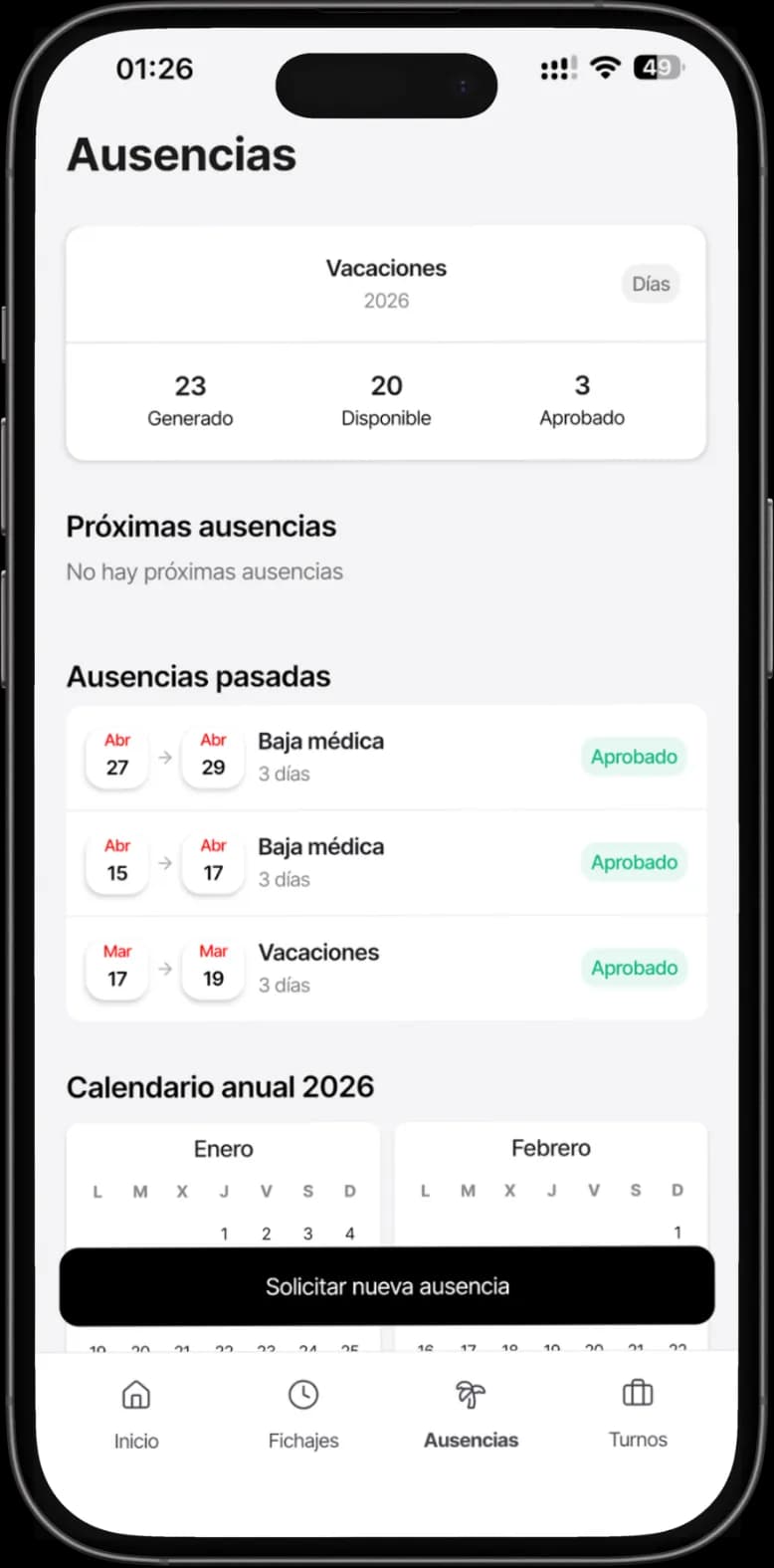 Horalia app — solicitud de ausencia