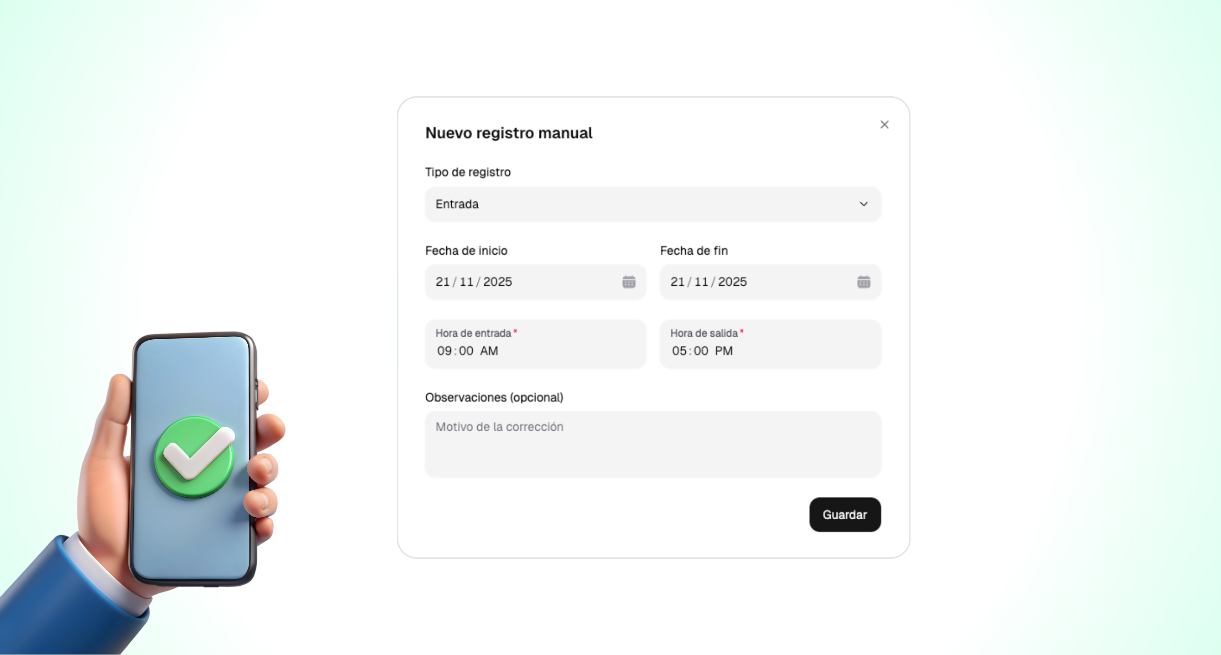 Solicitud de registro manual en Horalia